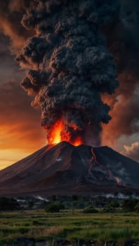 captivating scene of an active volcanic eruption, showcasing molten lava, smoke plumes, and fiery glow beneath a dramatic evening sky, exuding intense energy and natural grandeur. Iceland volcano