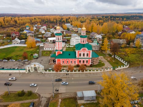 Aerial view of Church of the Holy Trinity, Kirov, Russia in sunny autumn day