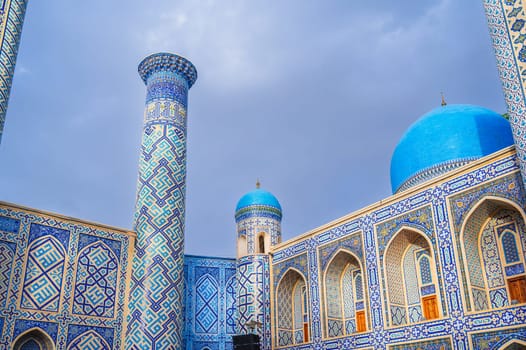 Beautiful Muslim mosque decorated with patterns with traditional oriental Uzbek Islamic ornaments in Uzbekistan in Tashkent