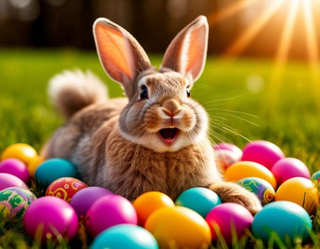 Image of a joyful bunny surrounded by vibrant Easter eggs in a grassy field. AI generated.