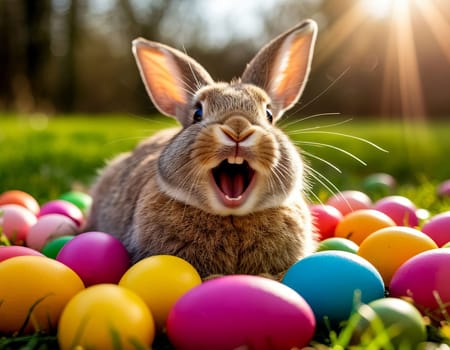 Image of a joyful bunny surrounded by vibrant Easter eggs in a grassy field. AI generated.