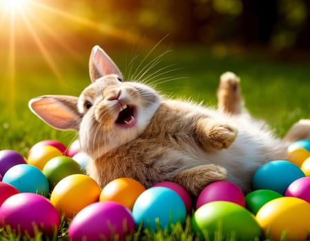 Image of a joyful bunny surrounded by vibrant Easter eggs in a grassy field. AI generated.
