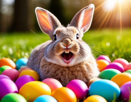 Image of a joyful bunny surrounded by vibrant Easter eggs in a grassy field. AI generated.