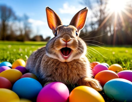Image of a joyful bunny surrounded by vibrant Easter eggs in a grassy field. AI generated.