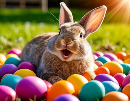 Image of a joyful bunny surrounded by vibrant Easter eggs in a grassy field. AI generated.