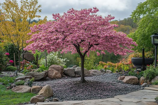 Delicate blooming of Japanese sakura in early spring in the garden