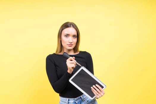 Woman has a problems with computer. Concept - laptop breakdown. Woman's laptop breakdown.