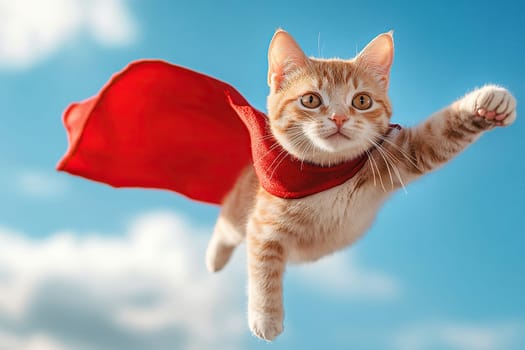superhero cat in red cape flies with outstretched paw in blue sky