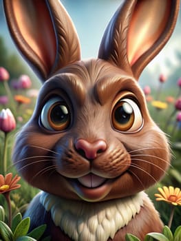 A charming chocolate Easter bunny sits amidst a field of colorful spring flowers. The bunny has a playful expression and is surrounded by blooming flora, showcasing a lively and cheerful atmosphere.