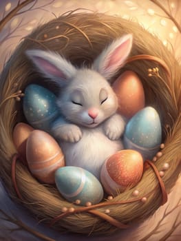 A serene Easter scene shows a sleeping bunny nestled in a bird's nest surrounded by decorated eggs, embodying peace and spring's gentle arrival.