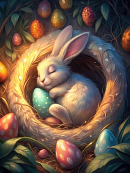 A sweet rabbit peacefully sleeps nestled amongst colorful decorated eggs, nestled in a cozy nest.