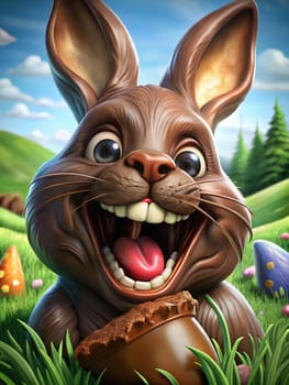 A cheerful chocolate Easter bunny with a big smile is surrounded by colorful eggs in a vibrant green meadow. The scene captures the essence of spring celebrations, filled with joy and whimsy.