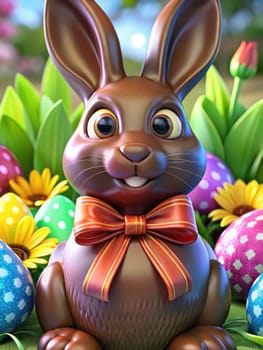 A chocolate bunny with a red bow sits proudly among vibrant, decorated eggs and blooming flowers in a lively spring garden. This festive arrangement highlights Easter joy and celebration.