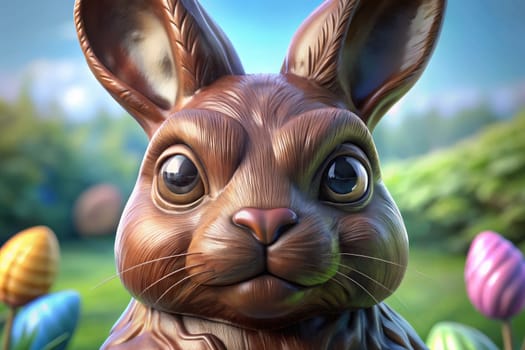 A lifelike chocolate Easter Bunny looks out from a sunny garden filled with multi colored eggs. The cheerful atmosphere embodies the spirit of springtime and festive celebrations.