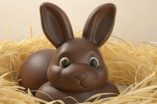 A beautifully crafted chocolate Easter Bunny lies nestled in a bed of straw. The delightful treat showcases shiny fur and expressive eyes, perfect for festive celebrations and gifting during Easter.