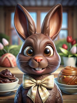 A charming chocolate Easter bunny with big eyes is adorned with a checkered bow tie.