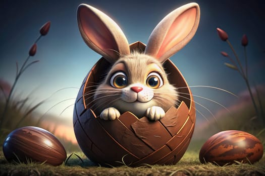 A cute bunny peeks out from a cracked chocolate Easter egg, with additional eggs in the grassy foreground.
