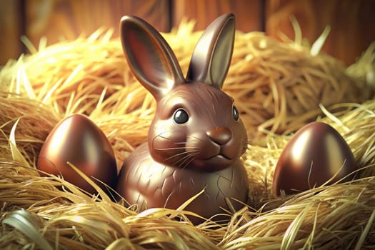 A chocolate bunny sits proudly in a bed of straw, flanked by shiny chocolate eggs. This festive scene captures the essence of Easter celebrations, bringing joy and sweetness to the occasion.