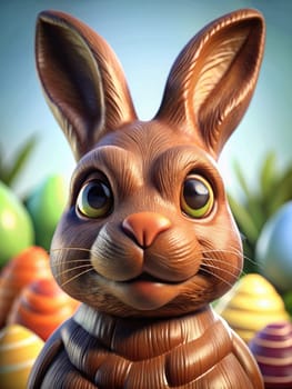 A detailed chocolate bunny stands with a friendly expression amidst a backdrop of colorful Easter eggs. The setting is vibrant and playful, capturing the essence of spring festivities.