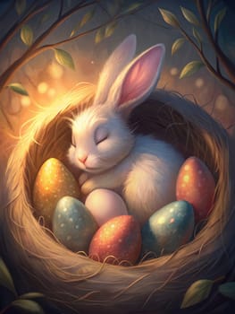 A whimsical illustration of a serene white bunny nestled amongst colorful Easter eggs within a cozy nest.