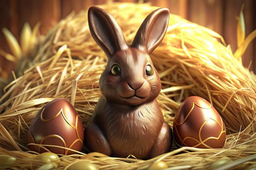 A charming chocolate Easter bunny rests among hay, surrounded by beautifully designed chocolate eggs. The scene captures the essence of springtime joy and celebration.