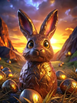 A chocolate Easter bunny sits proudly amidst colorful eggs in a field. The sun sets behind the mountains, casting a warm golden glow over the scene, creating a festive and whimsical atmosphere.