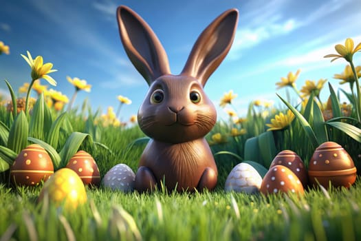 A chocolate Easter Bunny sits proudly in a vibrant meadow filled with blooming flowers. Colorful decorated eggs scatter around, capturing the joy of the spring holiday season.