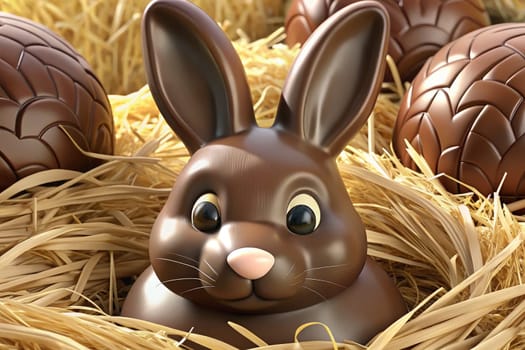 A chocolate Easter bunny is placed in a bed of straw, surrounded by glossy chocolate eggs. This delightful setup symbolizes spring celebration and festive joy, perfect for holiday treats.