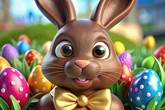 A delightful chocolate Easter Bunny smiles amidst a vibrant display of decorated eggs, set in a lush garden. This whimsical scene captures the joy of Easter celebrations in a springtime atmosphere.