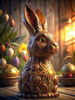 An intricately designed chocolate Easter bunny stands proudly, showcasing detailed patterns and a shiny finish. It is surrounded by festive decorations, evoking a joyful holiday atmosphere.