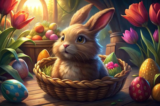 A charming Easter scene shows a fluffy bunny in a basket among colorful Easter eggs and vibrant tulips.