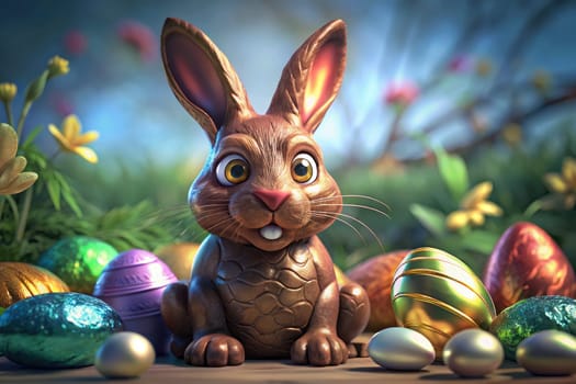 A chocolate bunny with bright eyes and a playful expression is surrounded by vibrant Easter eggs in a lush garden. The scene captures the essence of spring festivities and joy.