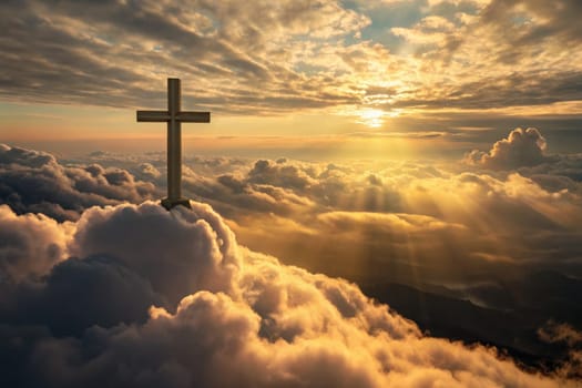 A wooden cross stands majestically above soft clouds as golden sunlight filters through, creating an inspiring atmosphere. This uplifting moment embodies the essence of faith and beliefs.