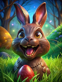 A delightful chocolate Easter bunny sits joyfully in lush green grass, surrounded by colorful eggs and blooming flowers. The cheerful scene captures the essence of spring celebrations.