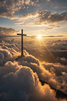 A tall cross emerges from thick clouds as the sun sets on the horizon, casting warm light over the landscape. This serene moment represents the connection between spirituality and nature.