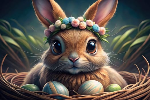 A charming Easter bunny with a flower crown sits nestled in a woven nest filled with colorful, decorated eggs, surrounded by soft greenery.