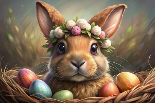 A cute bunny with a flower crown sits in a nest surrounded by colorful Easter eggs, perfect for spring and holiday themes.