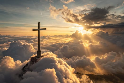 A towering cross stands on a mountaintop surrounded by fluffy clouds as the sun sets, casting golden light across the sky. This moment captures the essence of faith and spirituality in nature.