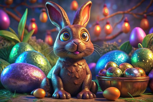 A delightful chocolate Easter Bunny sits among vibrant, colorful eggs in a lively spring atmosphere.