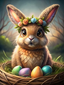 A cute bunny wearing a flower crown sits sweetly in a nest filled with colorful Easter eggs ready for the holiday.