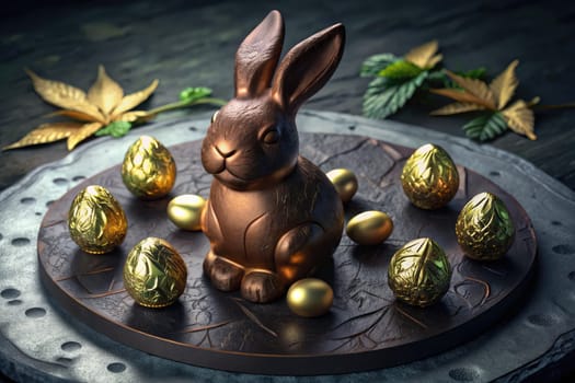 A chocolate Easter Bunny sits at the center of a beautifully arranged platter.