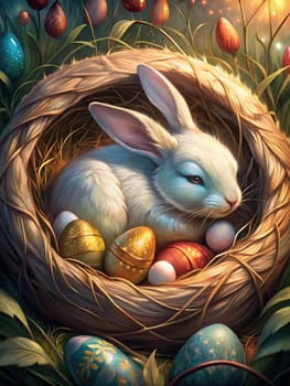 A whimsical scene featuring a white bunny nestled in a straw nest surrounded by decorated Easter eggs, illuminated with soft light.