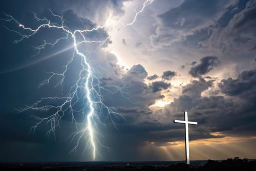 A bright cross stands tall amidst dark storm clouds as lightning strikes illuminate the surroundings. The turbulent weather creates a stark contrast, enhancing the religious symbols significance.