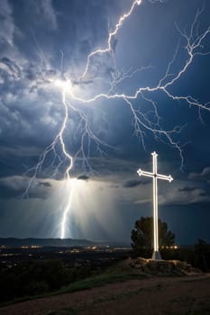 A striking cross stands illuminated against the dark stormy sky as lightning strikes nearby. The scene conveys a sense of awe and reverence amidst nature’s fury during the night.