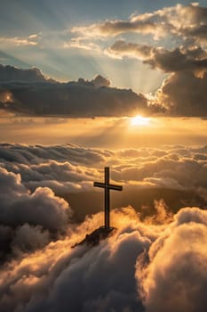A cross stands majestically above the clouds with a stunning sunset illuminating the sky. The warm rays of sunlight break through the clouds, creating a tranquil and spiritual atmosphere.