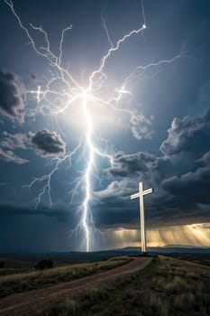 A large cross stands on a path as a powerful lightning bolt strikes nearby, creating a striking contrast against dark storm clouds. The atmosphere is intense with rain in the distance.