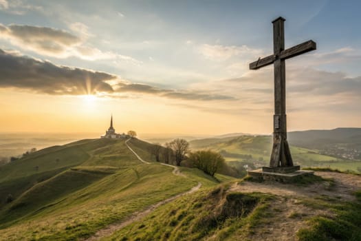 A wooden cross stands prominently on a hill as the sun sets behind the distant church. The peaceful landscape features rolling hills and a winding path under a dramatic sky.