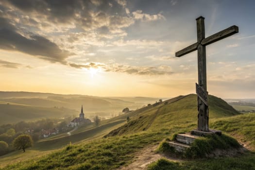 A wooden cross stands prominently on a hilltop as the sun rises, illuminating the surrounding landscape and a quaint village below. The tranquil setting captures a moment of reflection.