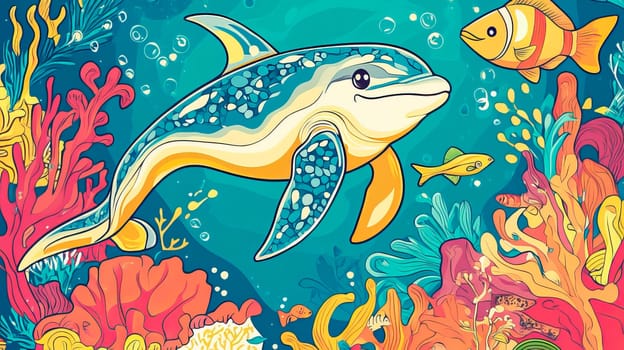 Bright color picture of underwater world with a dolphin and fish for kids. Ai art
