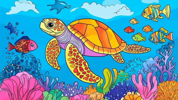 Bright color picture of underwater world with turtle and fish for kids. Ai art